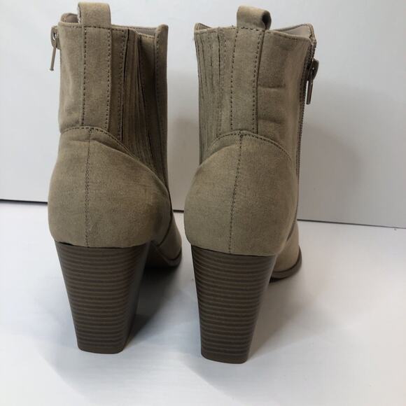 Ankle Booties Boots Women Size 9 Tan Just Fab Stacked Heel Zip Tan Faux Suede - Picture 4 of 10